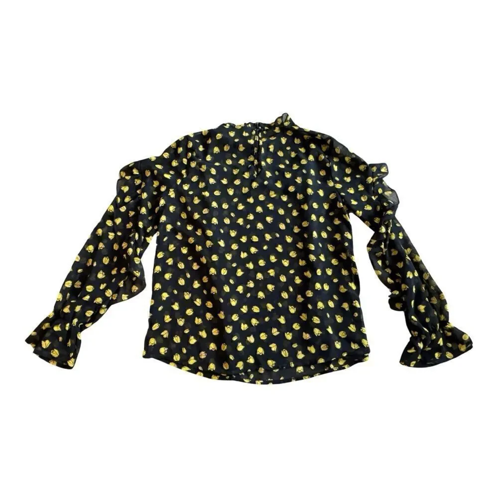 Who What Wear Sheer Chiffon Turtleneck Ruffle Yoke Long Sleeve Blouse Size Small